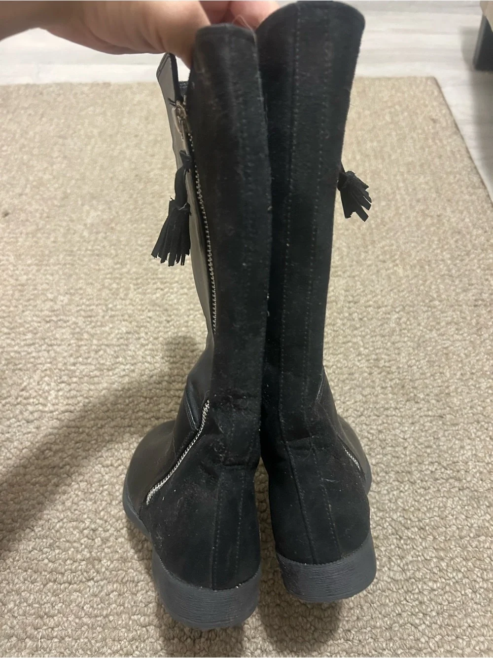 Black Leather Knee-High Boots with Tassel Detail